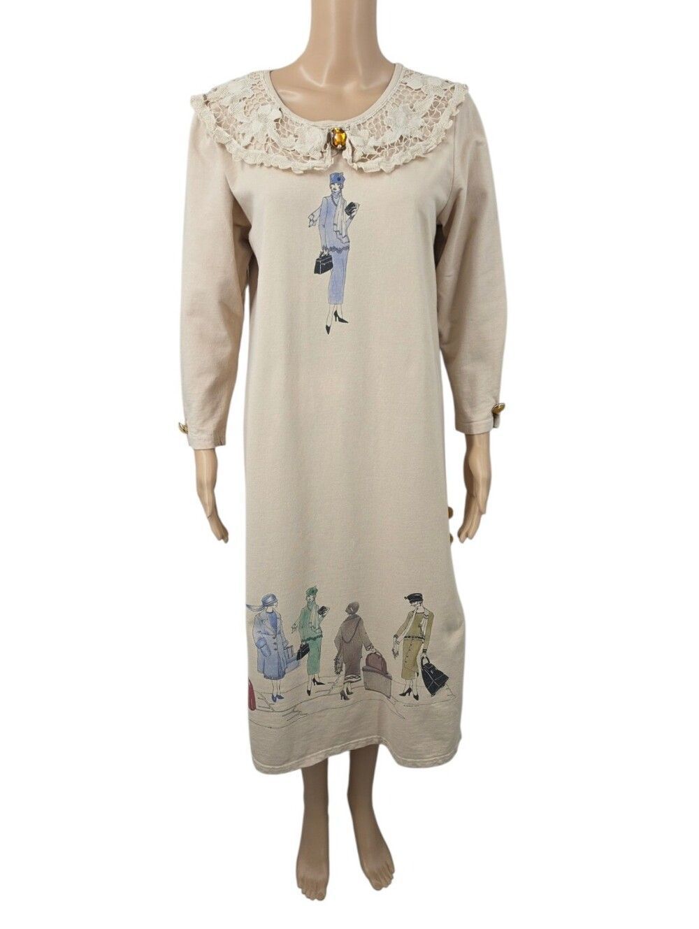Vintage Beige Crochet Lace-Collar Long Sleeve Dress Fashion Icon Artsy Art Deco